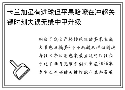 卡兰加虽有进球但平果哈嘹在冲超关键时刻失误无缘中甲升级
